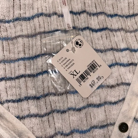 Free People Cream and Blue Striped Collared Cardigan XL NWT - Picture 5 of 6